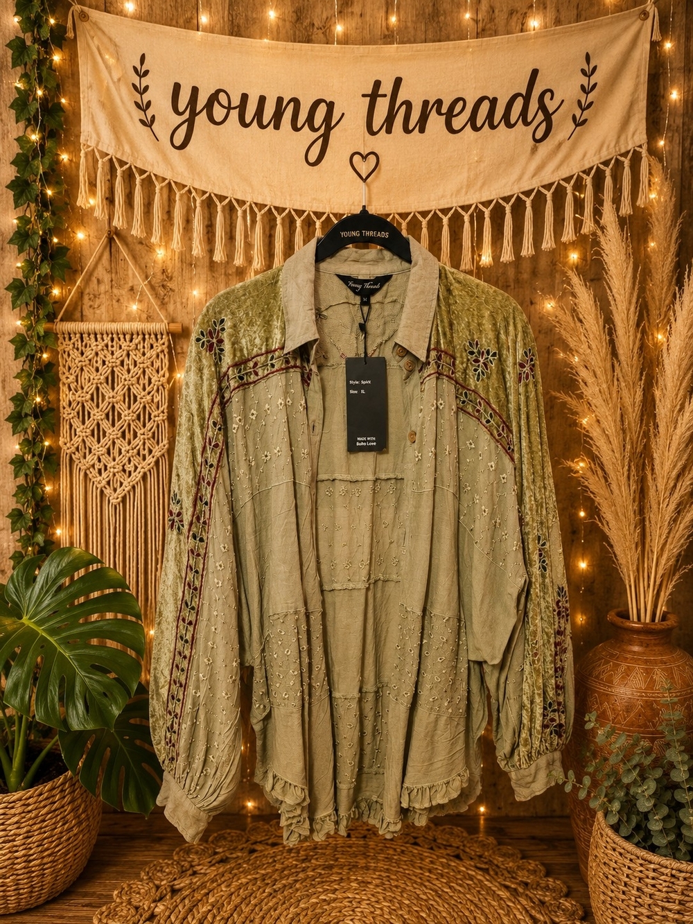 Young Threads Olive Embroidered Boho Blouse